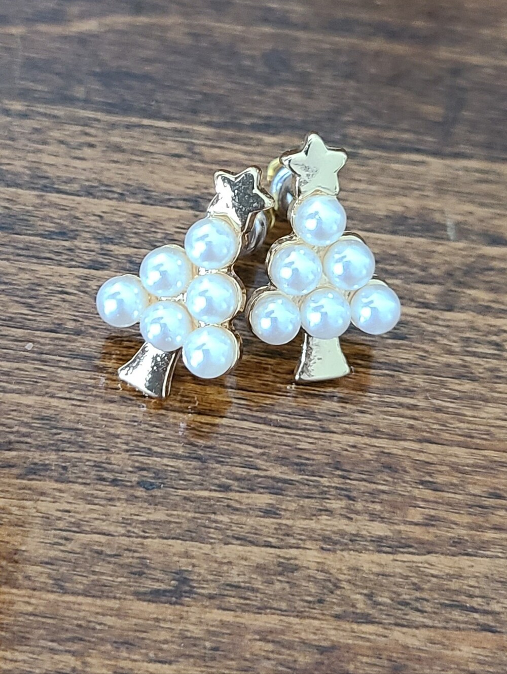 Golf Tone Faux Pearl Christmas Tree Earrings